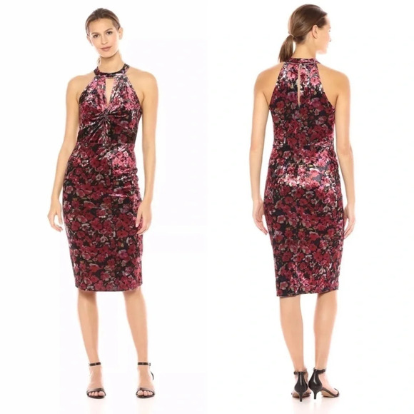 New BCBGeneration Halter Cut-out Dress Floral velvet keyhole mock neck midi - Picture 1 of 8